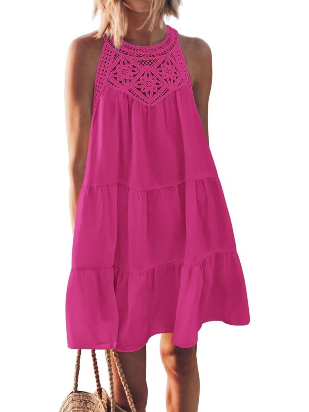 Women's Pink Spring Boho Fashion Halter Neck Sleeveless Loose A-Line Mini Beach